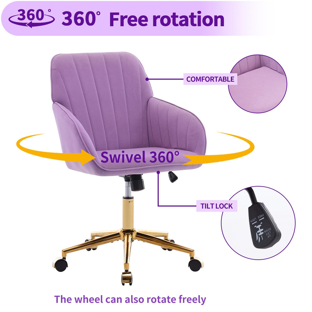 Modern Vanity Velvet Adjustable Low Back Rolling Chair, Twill Upholstered Cute Chair with Wheels