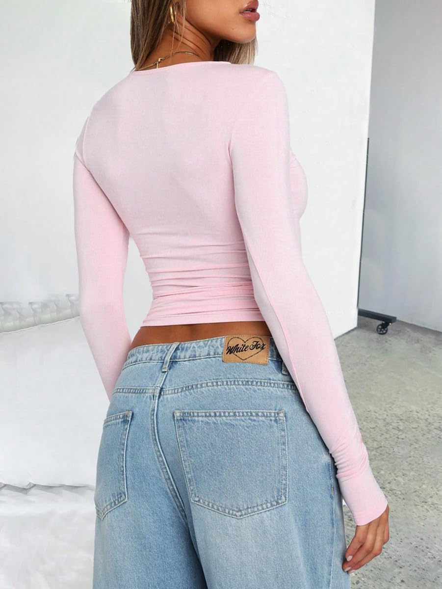 Women's Y2K Long Sleeve T Shirts Crewneck Star Pattern Crop Tops Slim Fit Tops