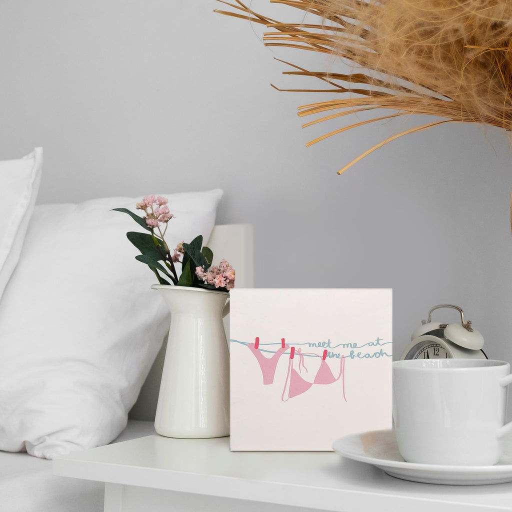 Coquette Pink Bow Champagne Wooden Box Sign, 5x5 Inch