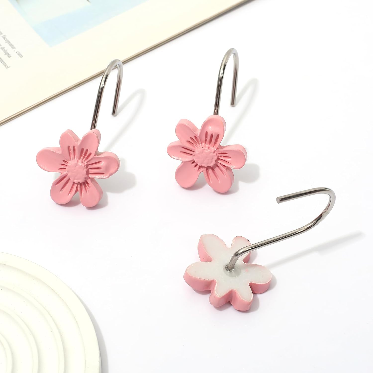 Decorative Shower Curtain Hooks, 12PCS Pink Small Flower Resin Shower Curtain Hooks Rings for Bathroom