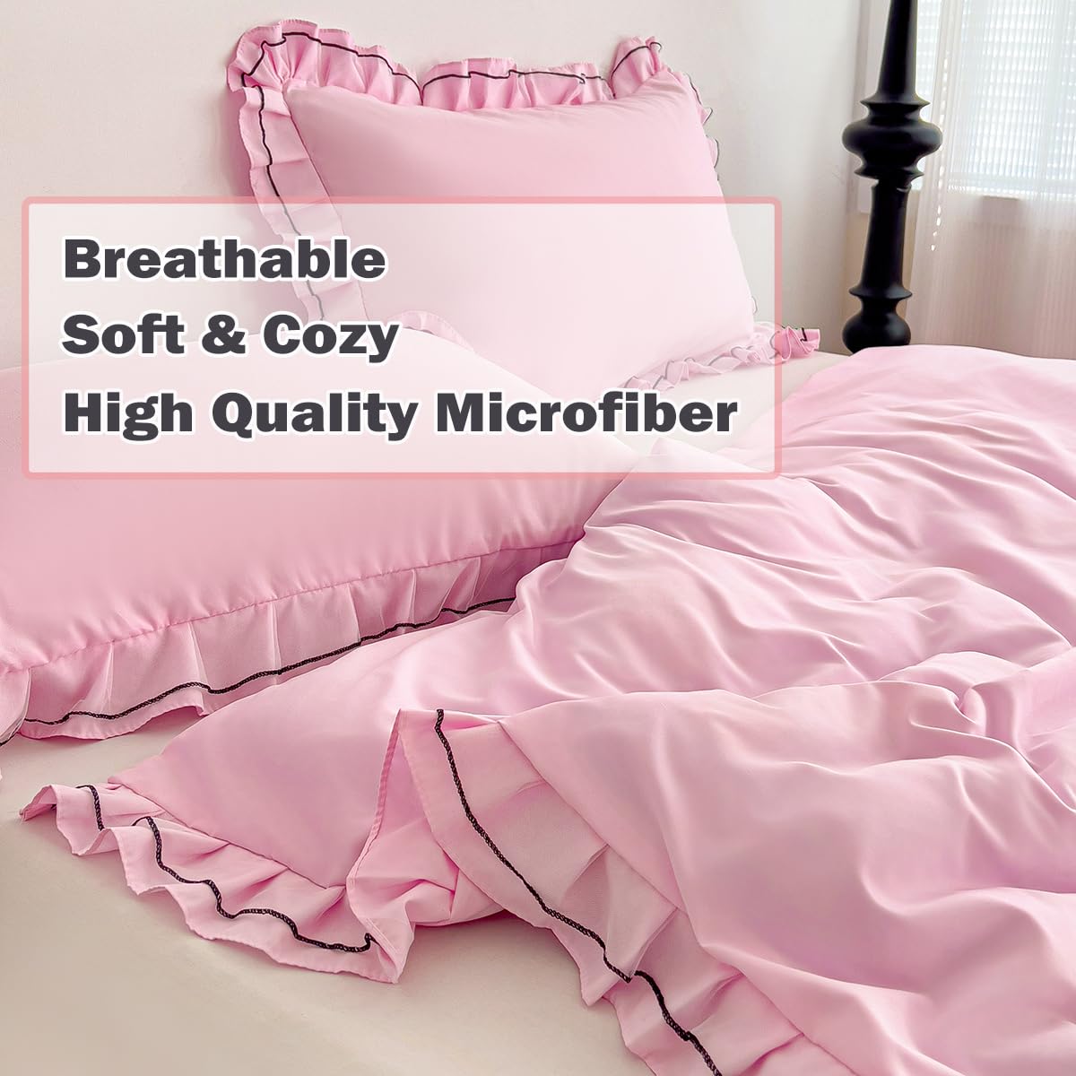 Chic Lace Bedding Set with Double Ruffle - 3 Pieces Luxury Princess Style Comforter Cover Soft Breathable