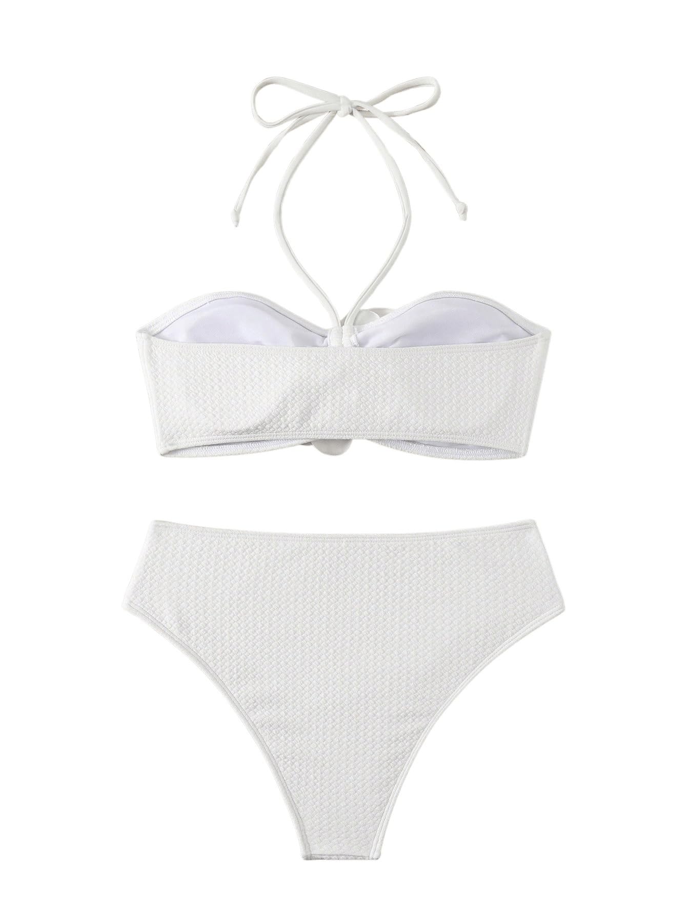 Women's 2 Piece Halter Swimsuit 3D Flower Appliques Bandeau Tummy Control Bikini Set