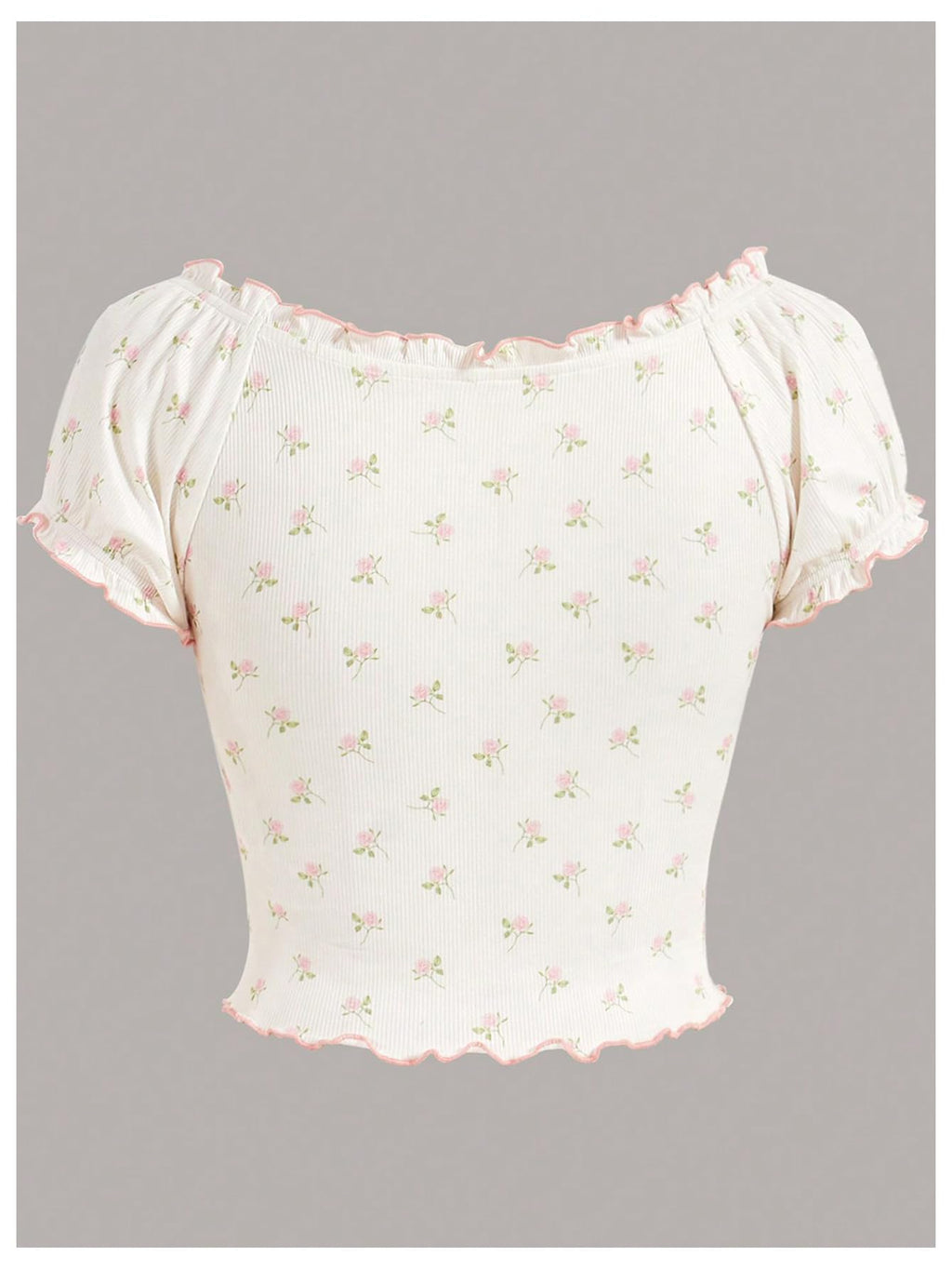 Women's Floral Puff Short Sleeve Sweetheart Neck Frilly Coquette Crop Top Tee