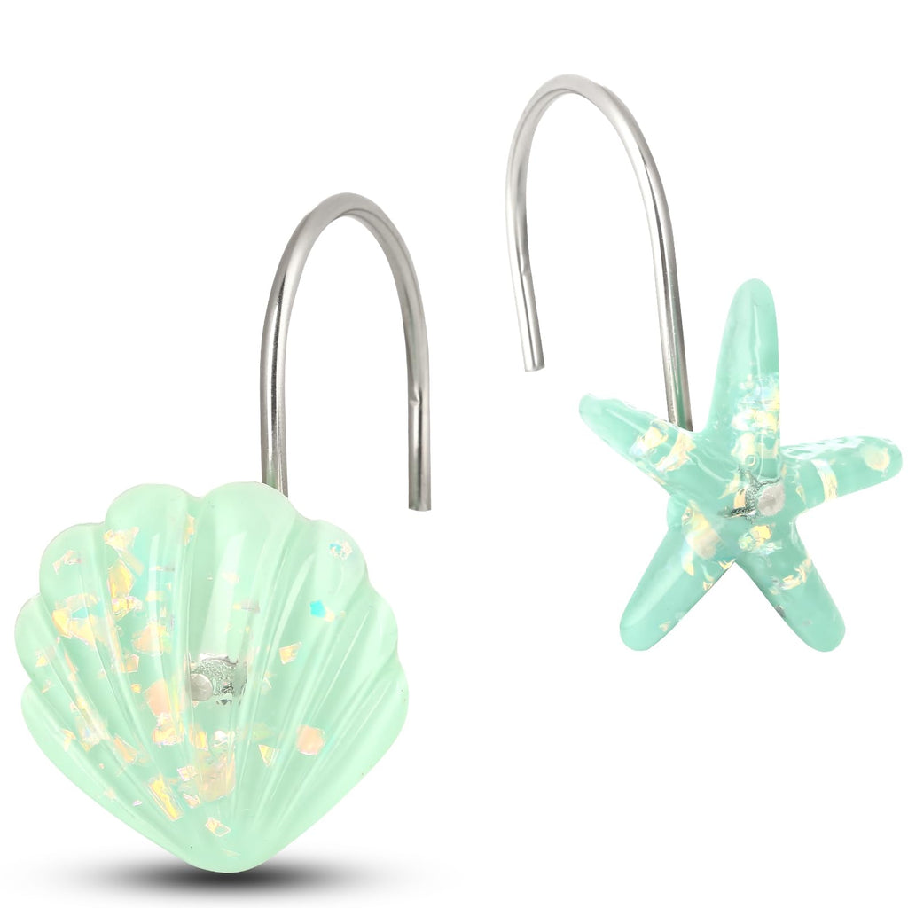Seashell Shower Curtain Hooks, 12PCS Stainless Steel Anti Rust Starfish and Seashell Decorative Shower Hooks Ocean Theme Shower Curtain Hooks for Home Bathroom
