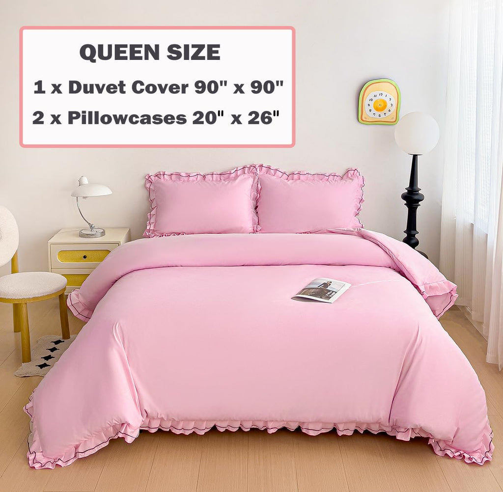 Chic Lace Bedding Set with Double Ruffle - 3 Pieces Luxury Princess Style Comforter Cover Soft Breathable