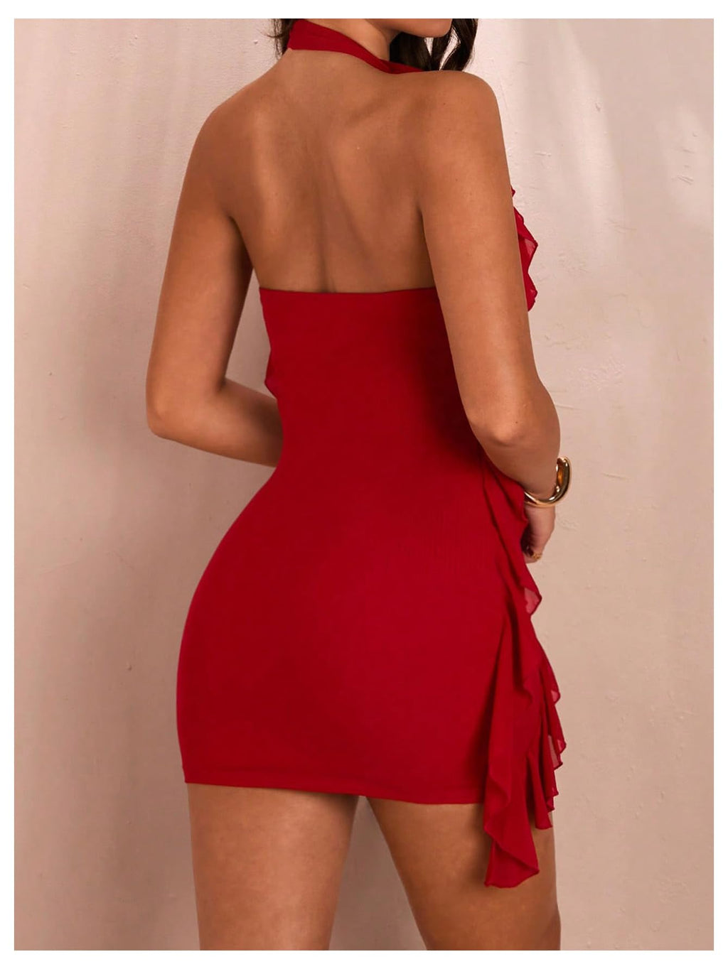 Women's 3D Floral Ruffle Trim Bodycon Mini Dresses Halter V Neck Sleeveless Cocktail Party Dresses