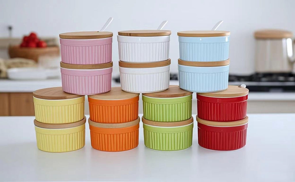 Ceramic Spice Cellars with Lid and Spoon For Kitchen