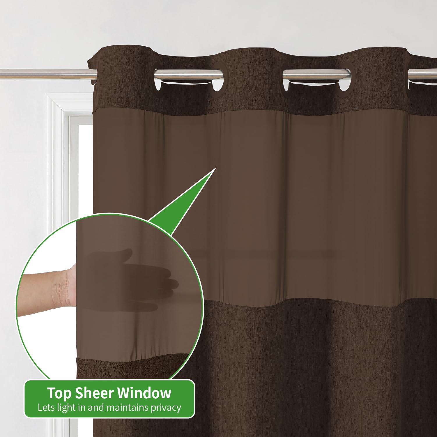 No Hooks Needed Linen Textured Shower Curtain with Snap-in Fabric Liner Set, Luxury Decor Shower Curtains for Bathroom with Mesh Top Window, Waterproof & Washable