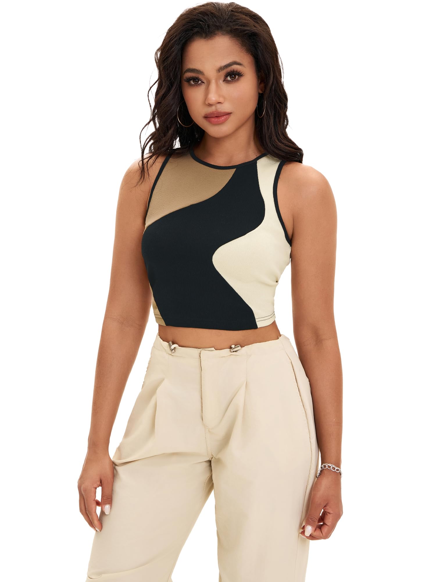 Crop Tank Tops mer Color Block Ribbed Tops