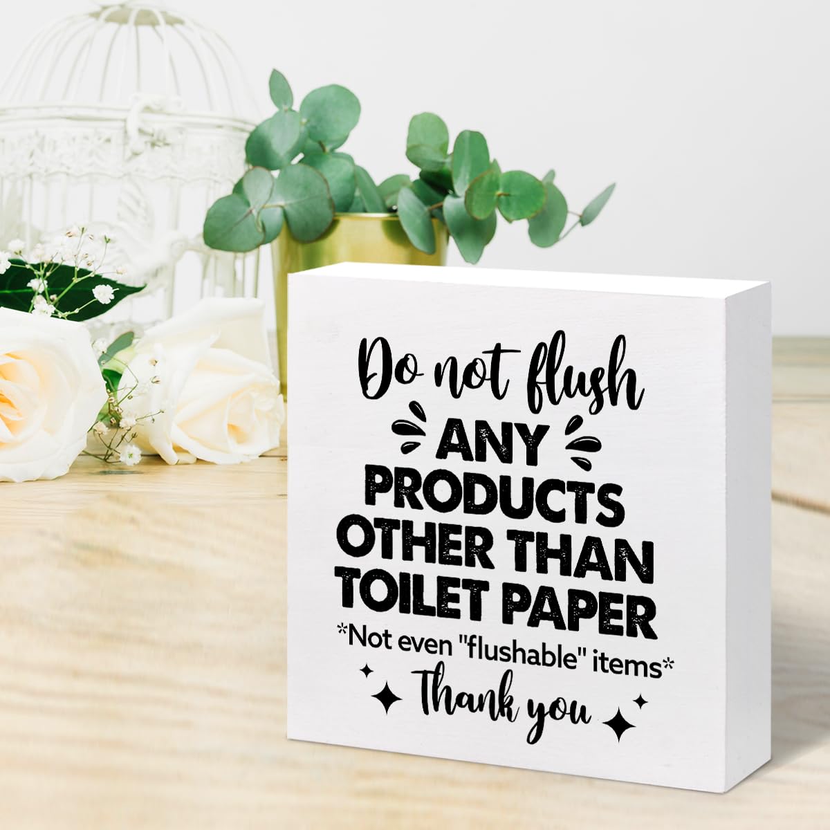 Do Not Flush Any Products Other Than Toilet Paper Wooden Box Sign - Bathroom Reminder Funny Quote Pink