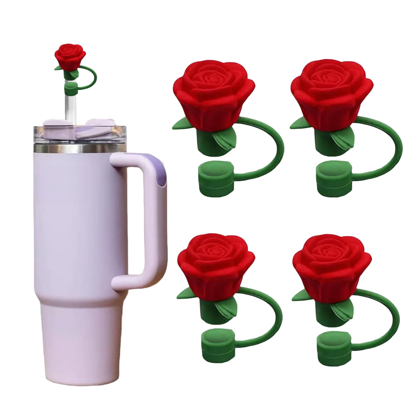 Rose Flower Straw Covers for Stanley Cup, Silicone Cover Dust Proof Plugs Protector 4Pcs 10mm