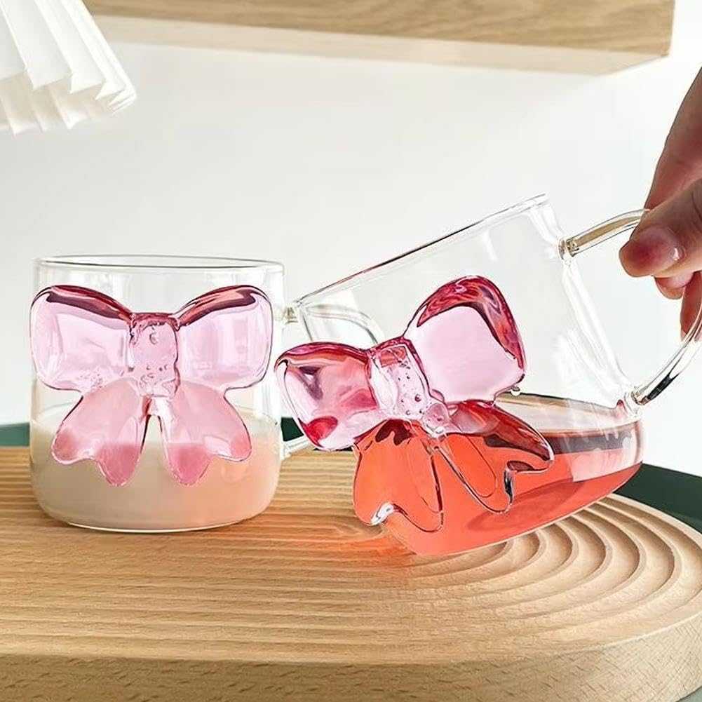 Cute Pink Bow Cups Vintage Ribbed Drinking Glasses