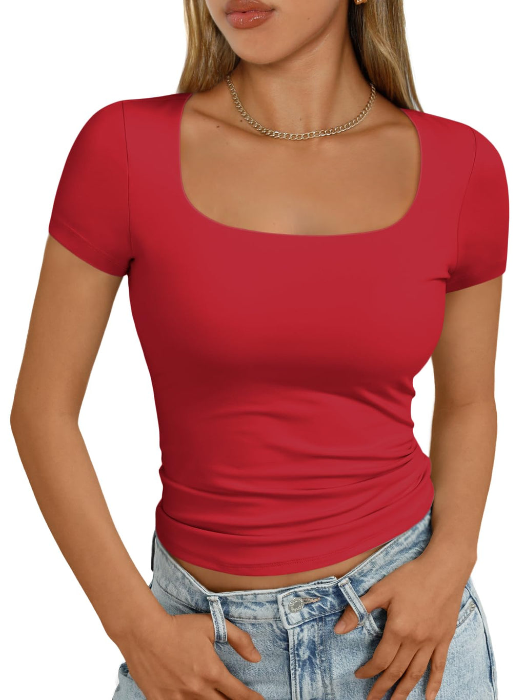 Womens Short Sleeve T Shirts Double Lined Square Neck Crop Tops Basics Tees