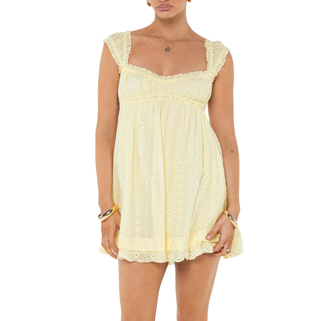 Womens Summer Sleeveless Floral Embroidery Loose A-line Dress for Beach Club Party