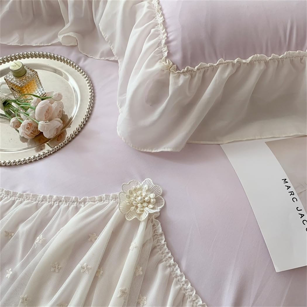 Lace Duvet Cover - Chiffon Ruffled Beddding Set with Flower, 3 Pieces Comforter Cover Set with Zipper Closure and Pillowcase