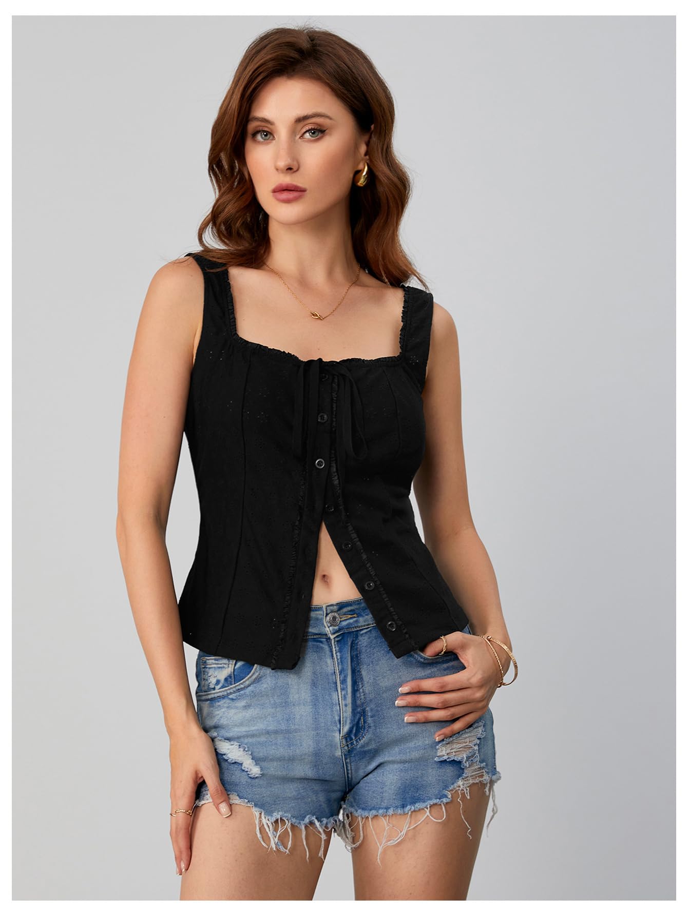 Women Square Neck Sleeveless Lace Tank Top