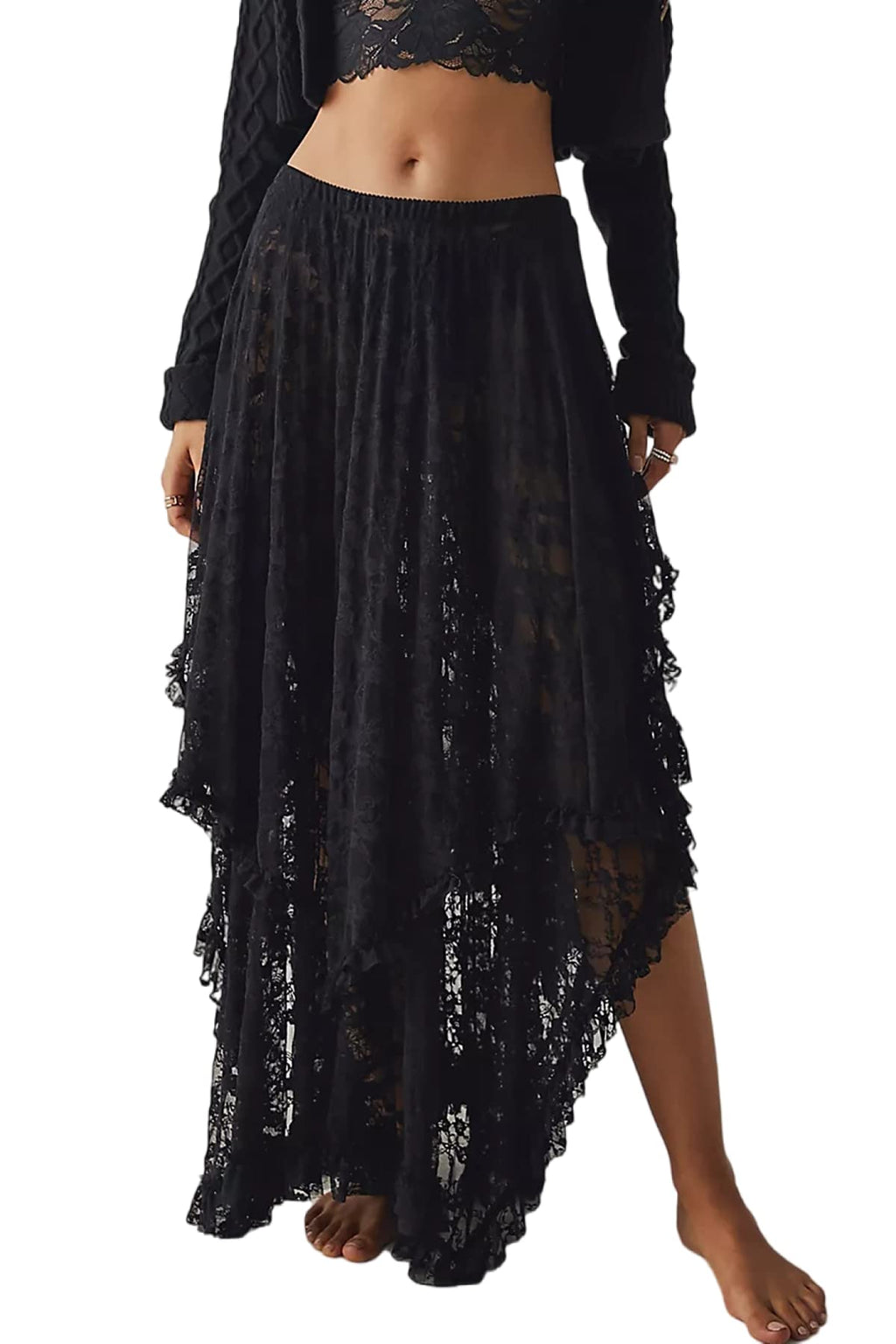 Women Lace Long Skirts Summer Elastic Asymmetrical Layered Hem Sexy See-Through Beach Floral Maxi Skirts