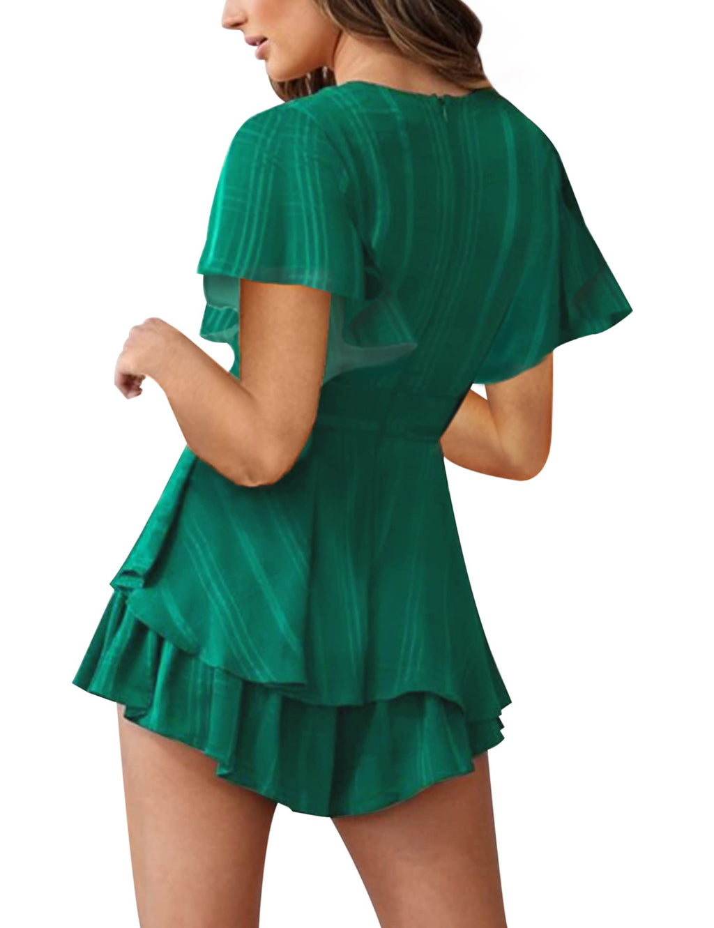 Women's Floral Rompers Jumpsuits V Neck Short Baggy Sleeve Waist Tie Double Layer Ruffle Hem Romper