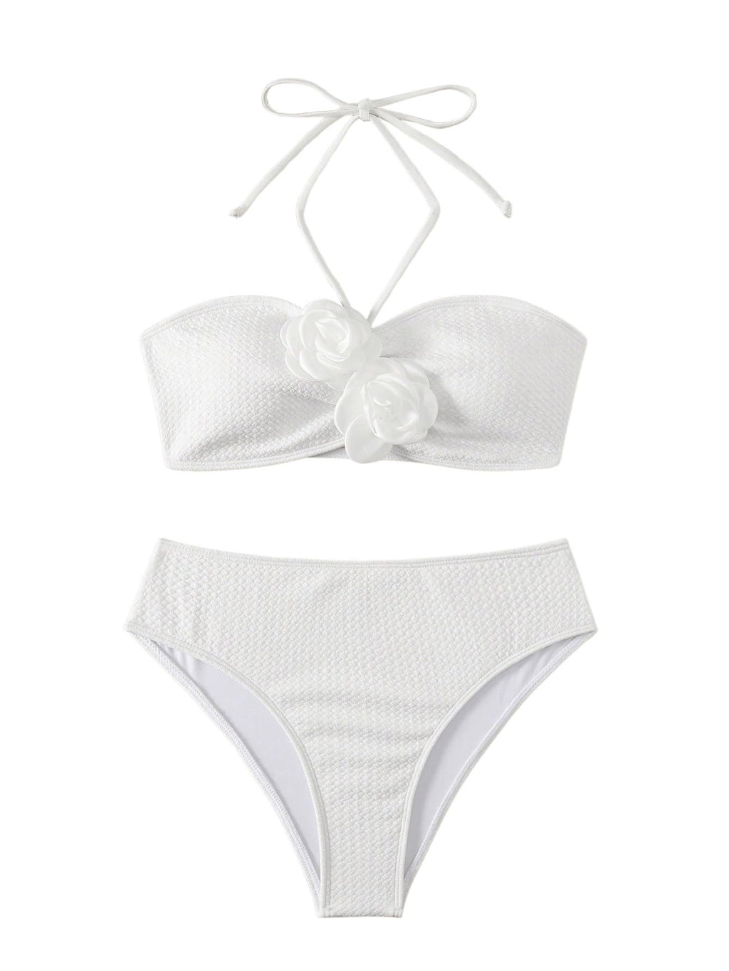 Women's 2 Piece Halter Swimsuit 3D Flower Appliques Bandeau Tummy Control Bikini Set