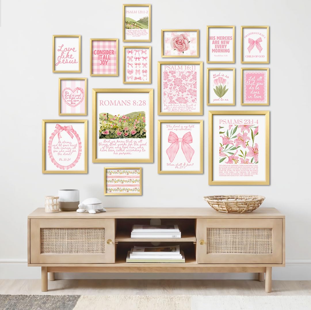 A 16 PCS Coquette Wall Art Decor, Pink Bow Bible Verses Gallery Wall Prints