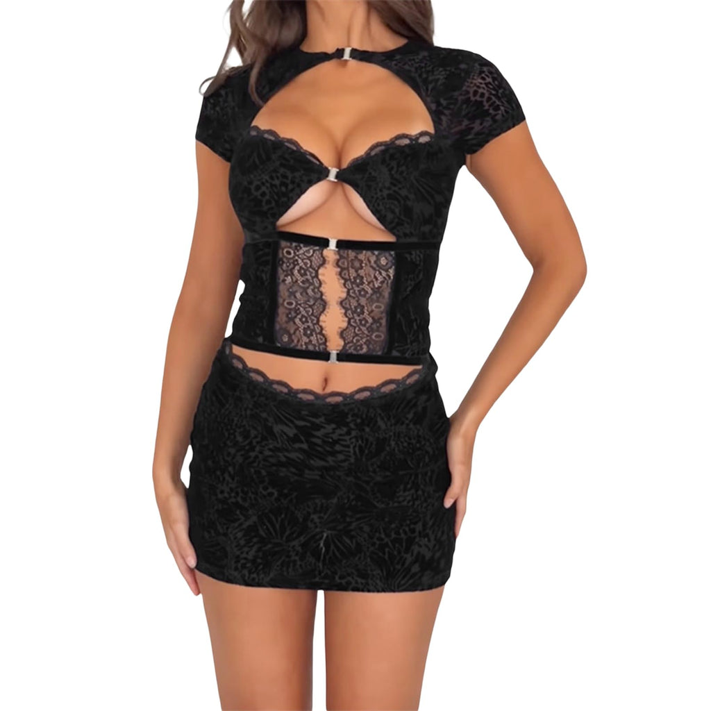 Women Y2k Ruffle 2 Piece Skirt Set Sexy Lace Mesh Crop Top and Mini Skirt Set Outfits