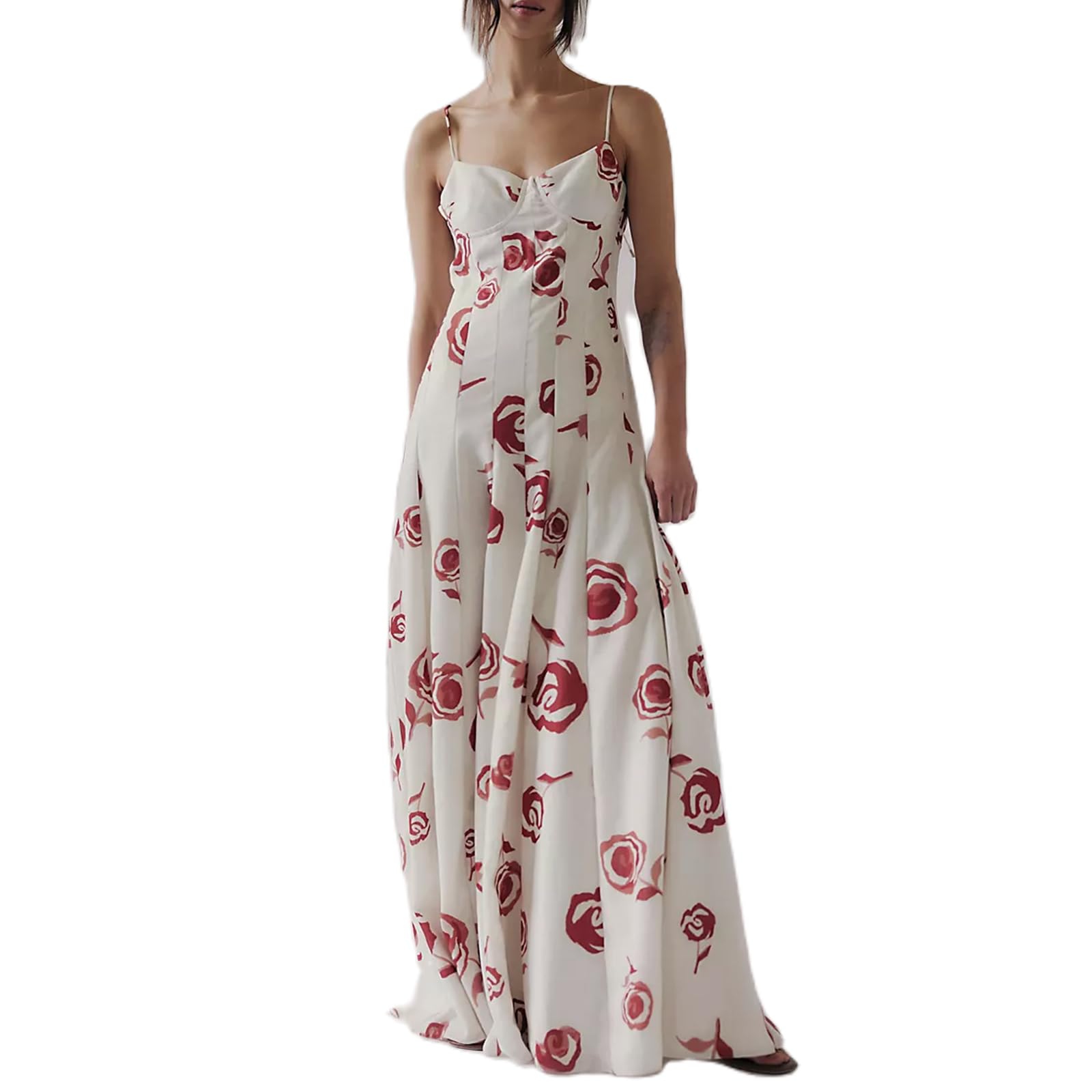 Women Floral Slip Dress Spaghetti Strap Maxi Dress Backless Slim Fit Long Dresses Flowers Print Going Out Dress