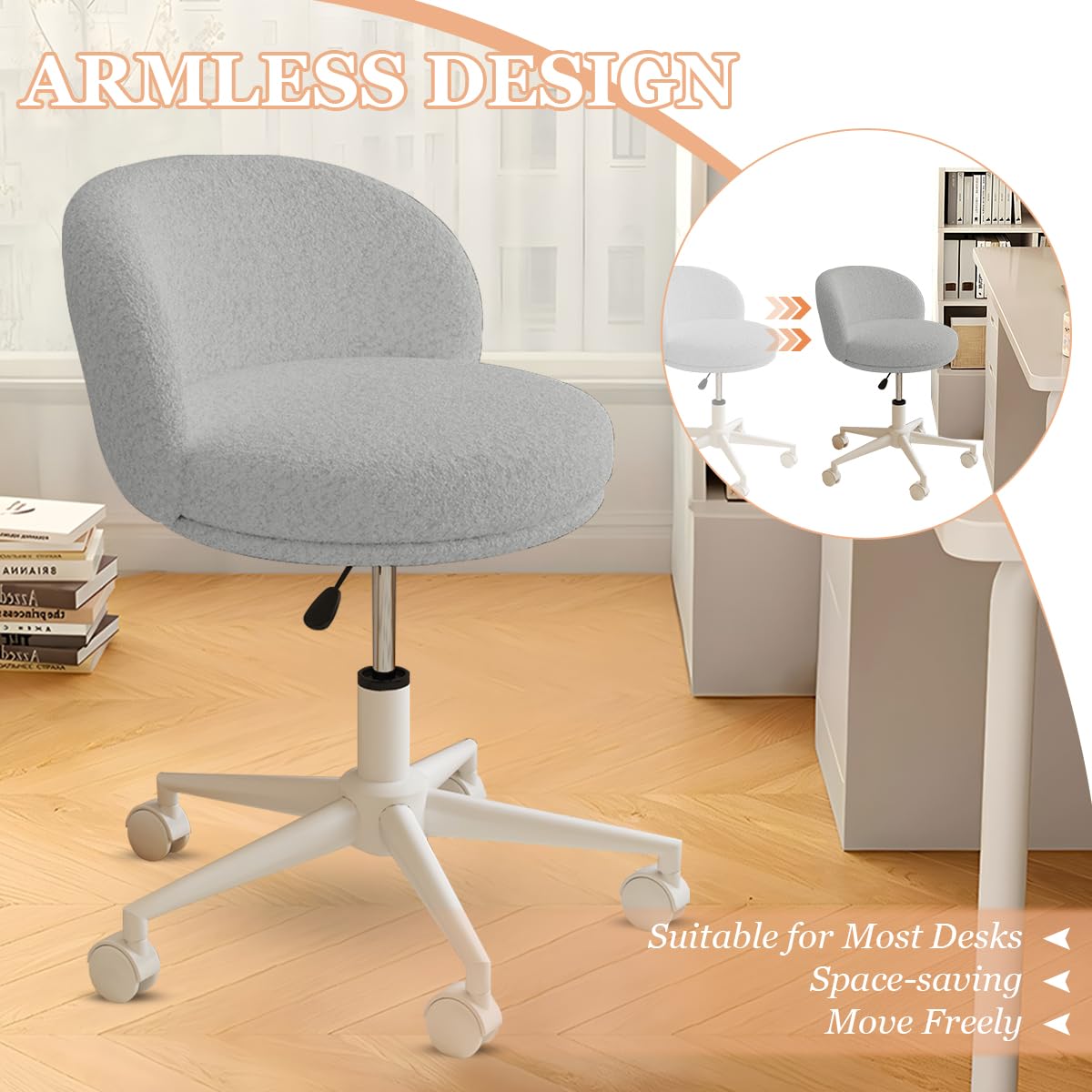 Modern Vanity Chair with Back, 360° Swivel Makeup Desk Chair Small Office Chair with Wheels, Height Adjustable Armless Computer Task Chair
