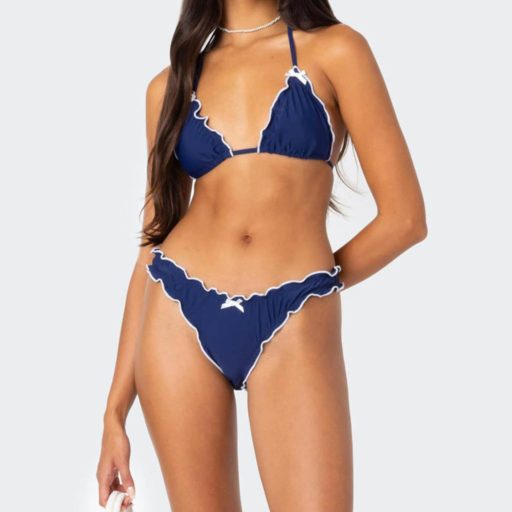 Women Cute Bikini Set Lettuce Trim Halter Neck Tie Up Bikini Top Triangle Set 2 Pieces Coquette Bathing Suit