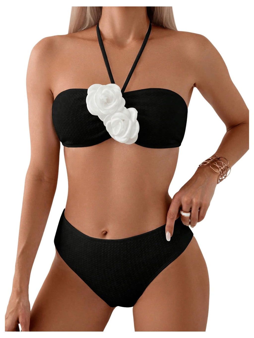 Women's 2 Piece Halter Swimsuit 3D Flower Appliques Bandeau Tummy Control Bikini Set