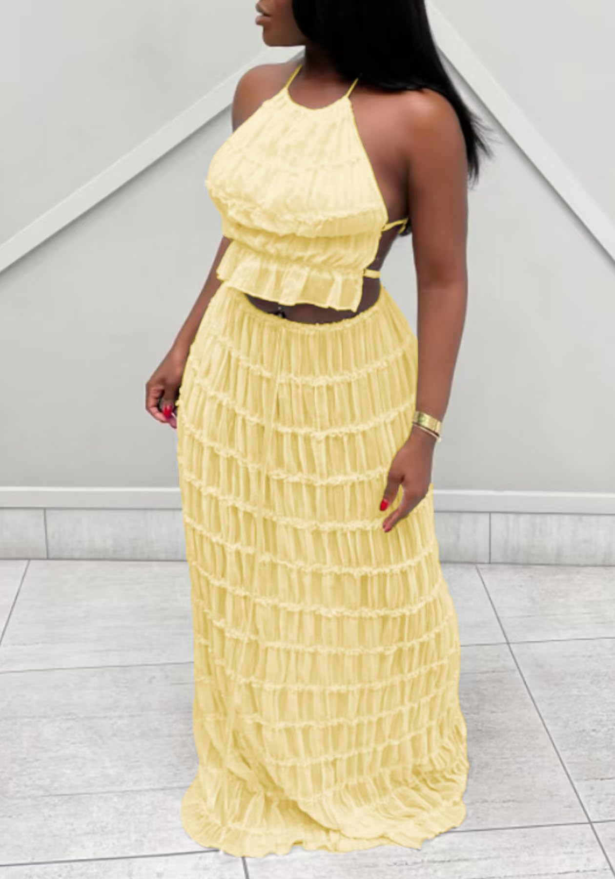 Skirt Sets Women 2 Piece Outfits Backless Halter Top And Pleated Ruffle Flowy Maxi Skirts Y2k Beach Vacation Set