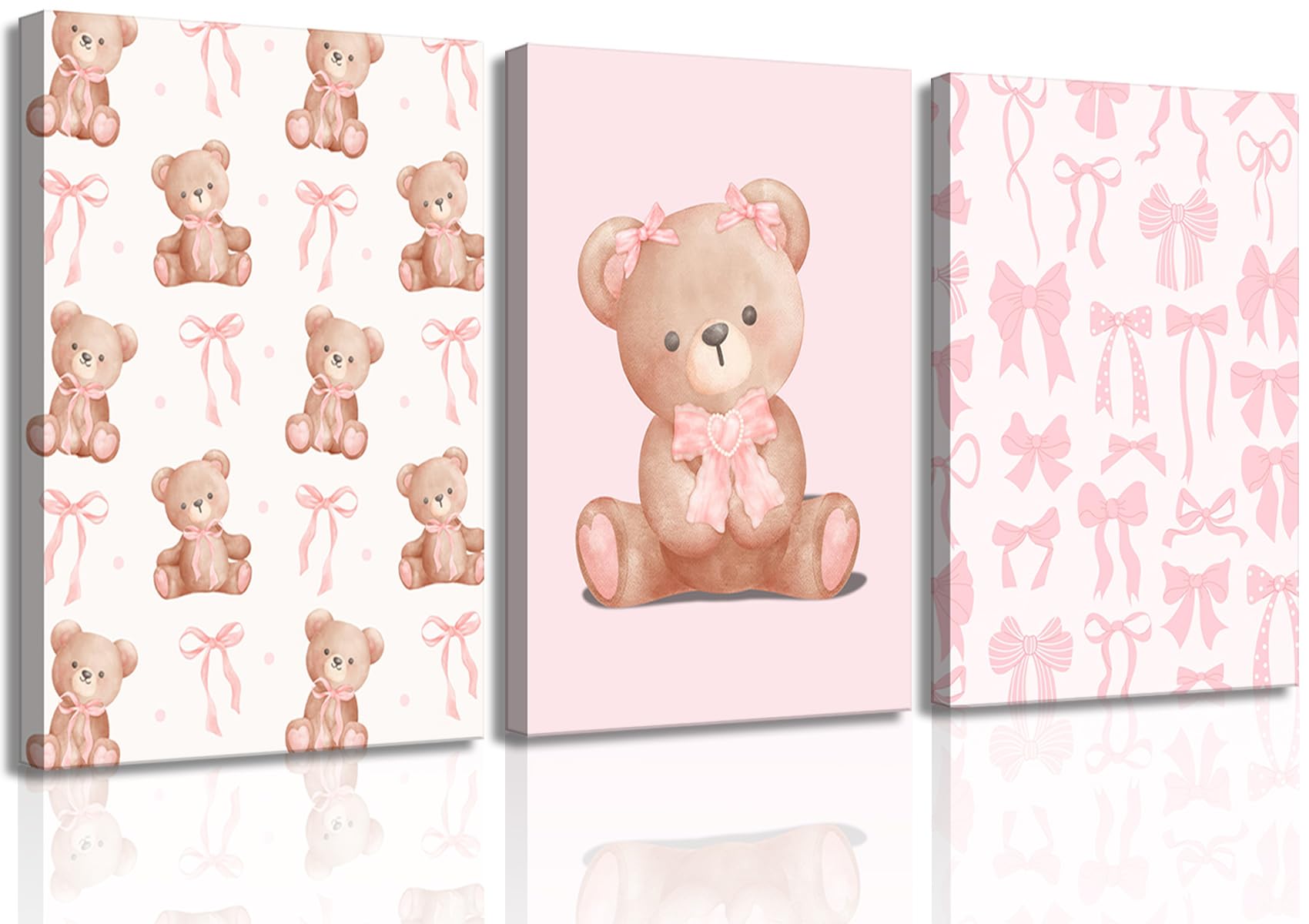 Pink Teddy Bear Wall Art Coquette Bow Wall Decor Pictures Cute Animal Nursery Canvas Posters Prints 3Pcs