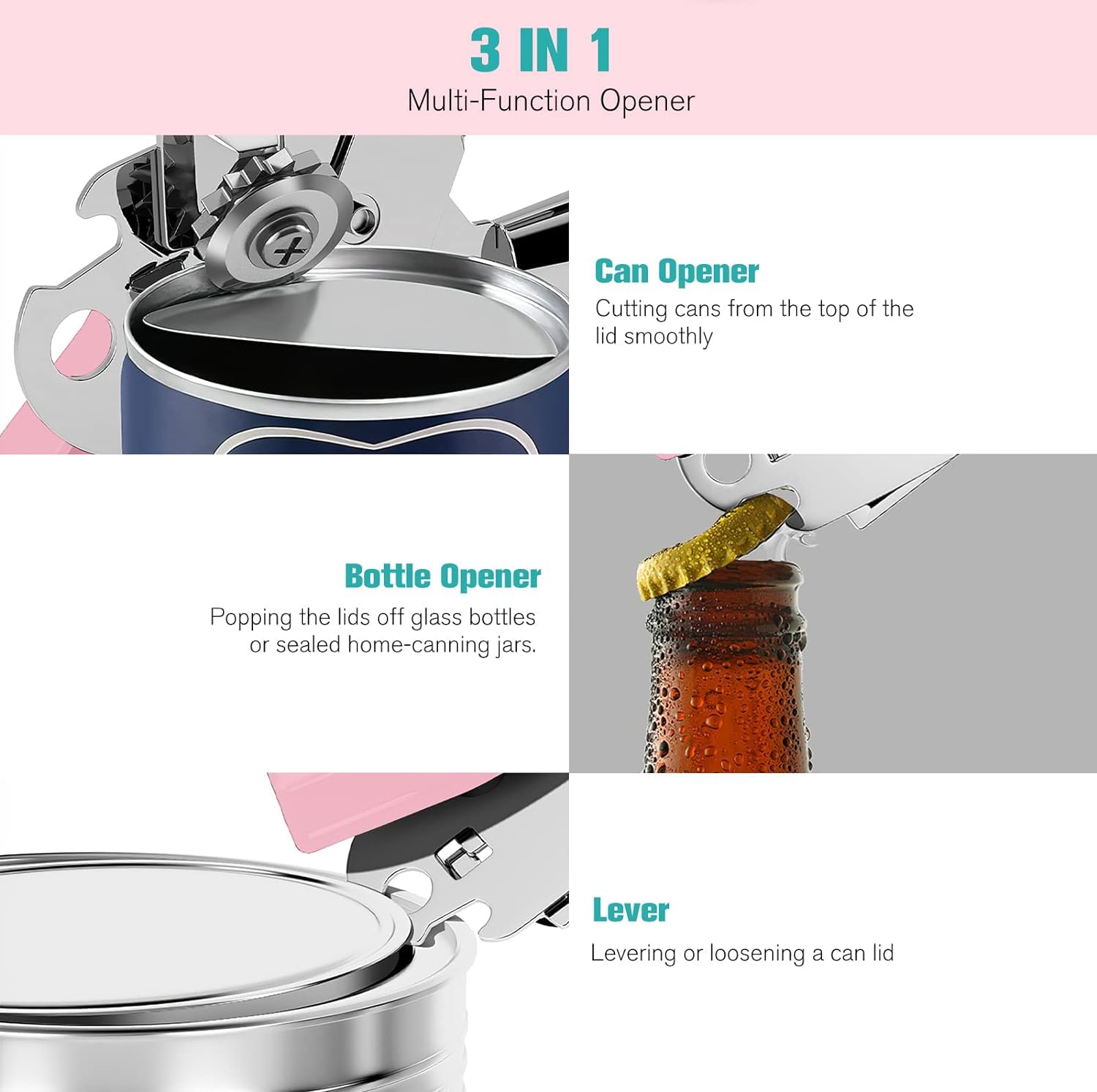 Professional 3-in-1 Manual Can Opener and Bottle Opener â€?Heavy-Duty Stainless Steel, Smooth Edge, Senior-Friendly, Pink