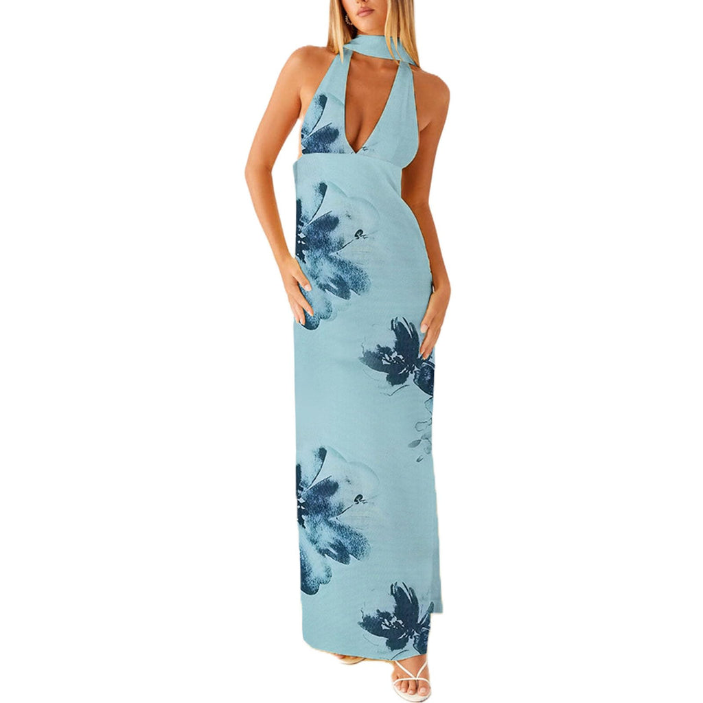 Women's Strapless Neck Scarf Floral Dresses Open Back Bodycon Long Dress Maxi Fitted Sundress