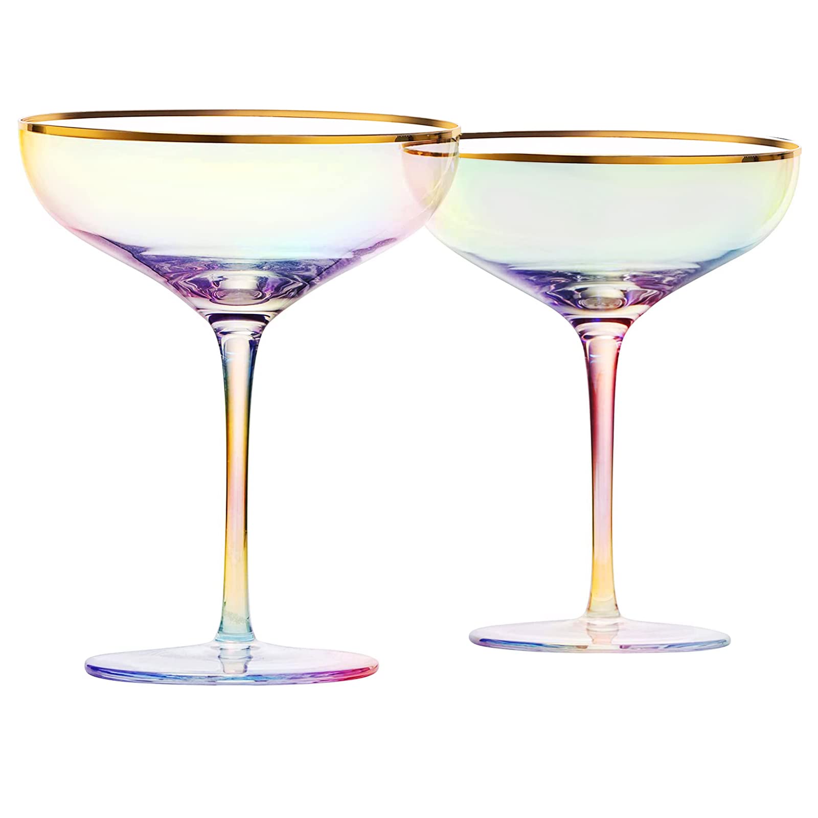Colored Sunset Rim Coupe Glass, 9oz Cocktail & Champagne Glasses 2-Set Vibrant Color Gold Vintage Tumblers, Margarita, Glassware