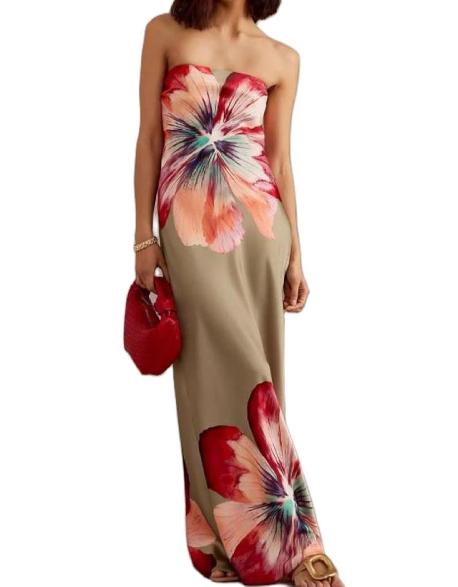 Women Floral Strapless Maxi Dress Sexy Bodycon Backless Tube Long Dress Summer Off Shoulder Cocktail Dresses