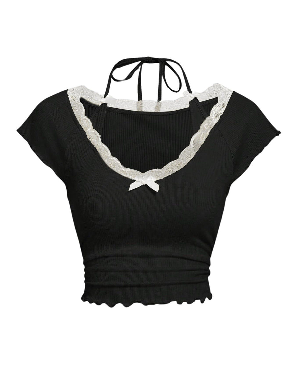 Women's Contrast Lace Halter Neck Lettuce Trim Casual Crop Tee Tops