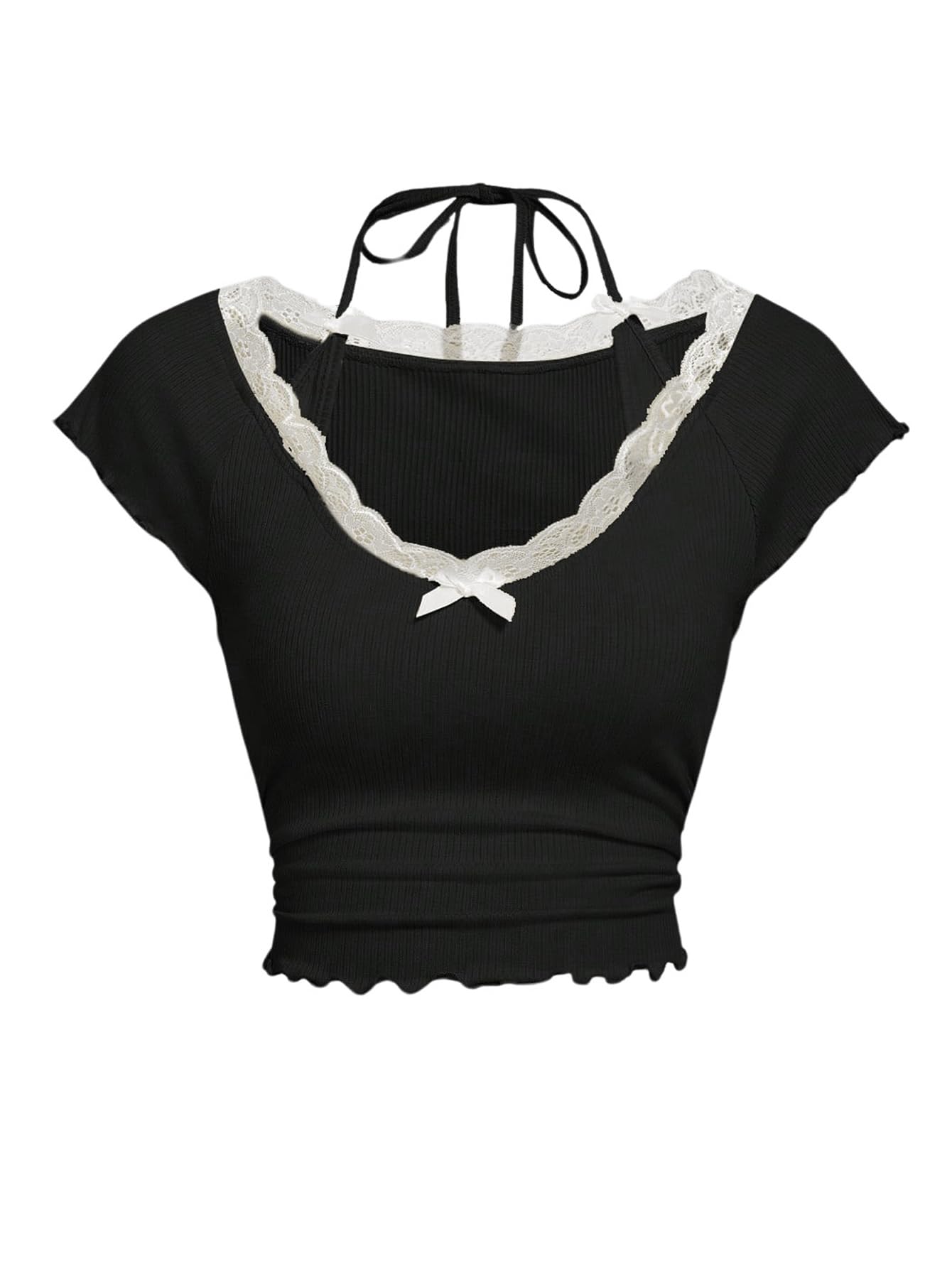 Women's Contrast Lace Halter Neck Lettuce Trim Casual Crop Tee Tops
