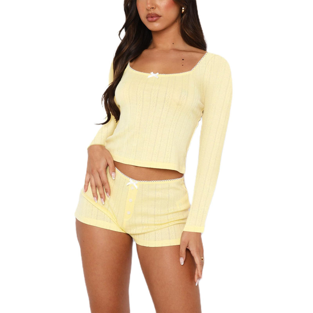 Women's Two Piece Outfit Lace Trim Top and Shorts Set 2 Piece Lounge Sets Ladies PJs Summer Clothes