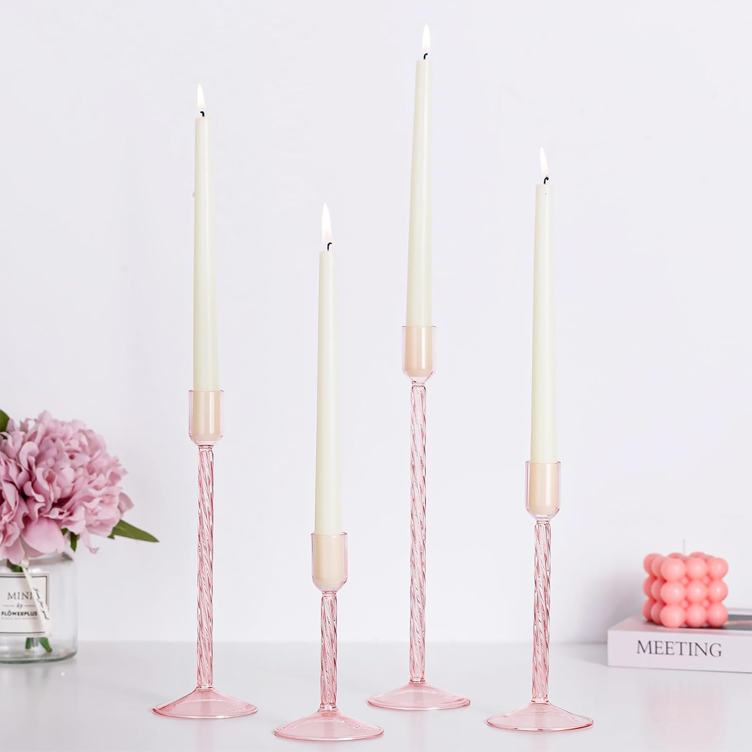 Glass Taper Candle Holders: 4 Pcs Pink Vintage Candlestick Holders Tall Candle Sticks Holder Decor