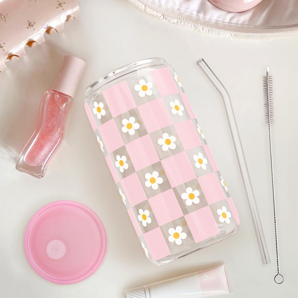 Glass Cup with Lid & Straw, Iced Coffee Aesthetic Glass Can, 16oz