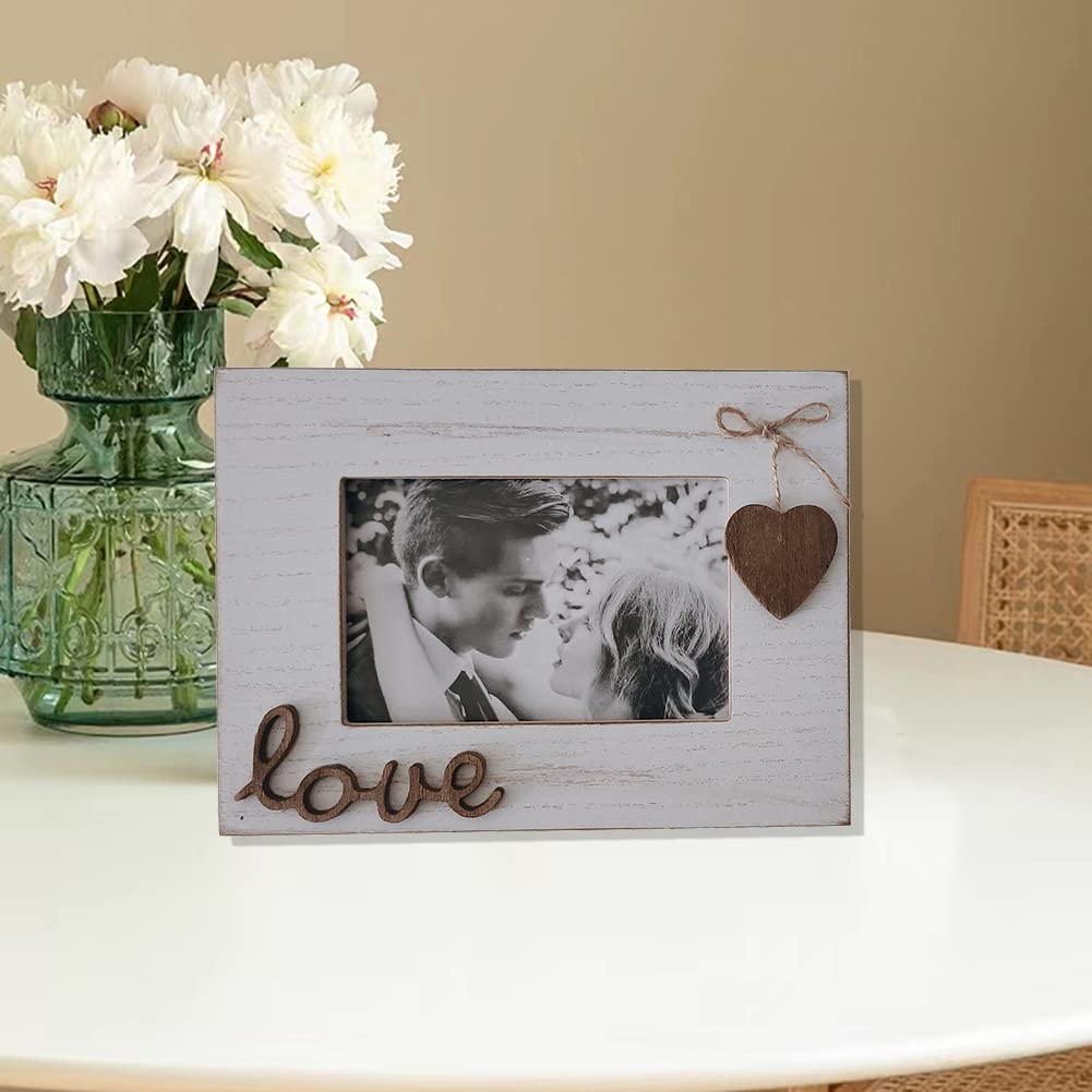 Love Picture Frame with Heart for Table Top and Wall Mounting-Distressed Wooden Photo Frame HD Glass Inside