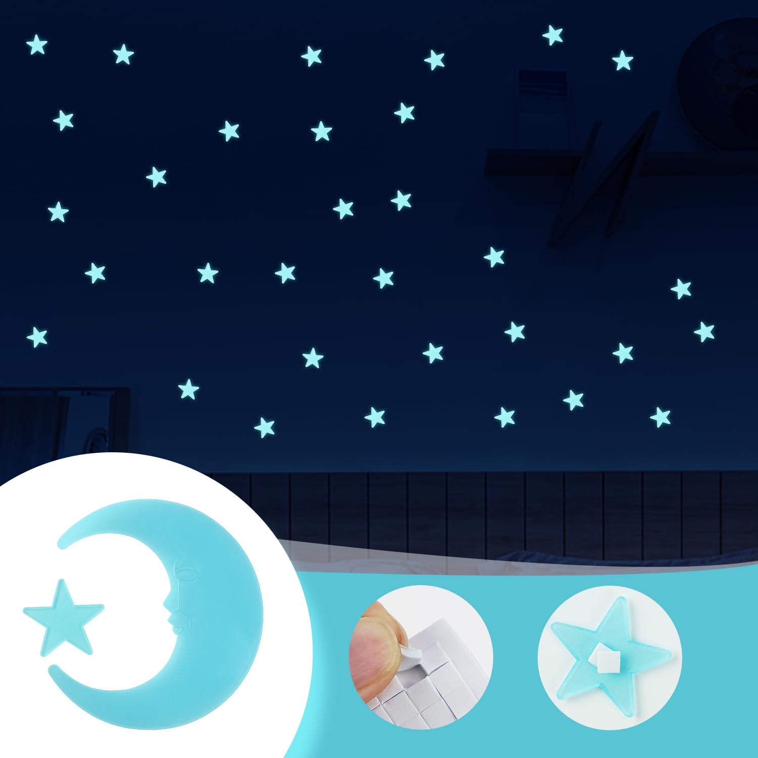 Hundred Stars and One Moon Glow in The Dark Luminous Fluorescent 3D Plastic Glow Stars Moon for Ceiling, Glowing Wall Stickers Create a Realistic Starry Sky, Room Decorations