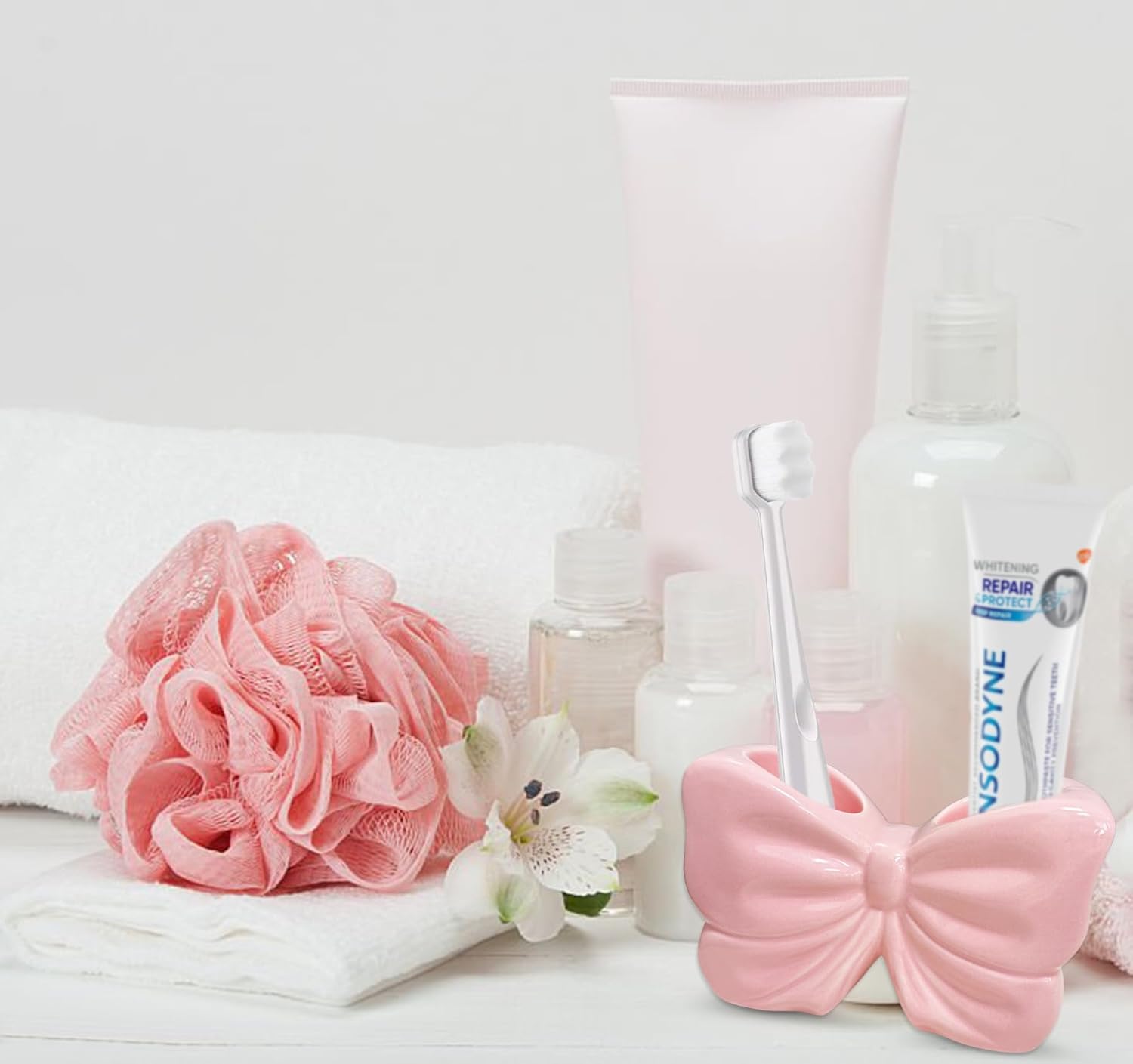 Toothbrush Holders for Bathrooms, Cute Ceramic Toothbrush Organizer and Toothpaste Holder/Toothbrush Stand Bow Pink Toothbrush Holder