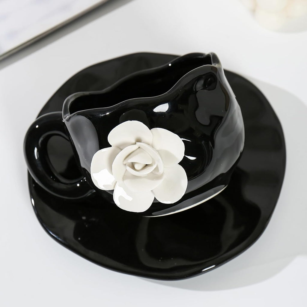 Cute Black with White Flowers Ceramic Cups, Unique Fancy Tea Cups with Saucer, 11OZ