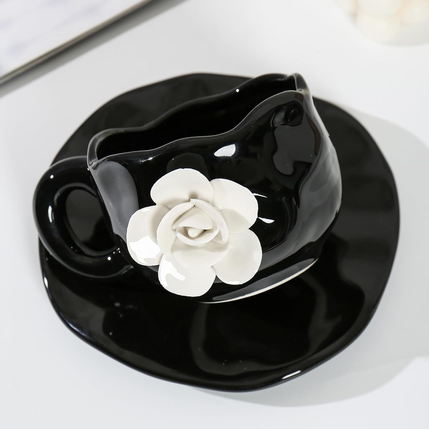 Cute Black with White Flowers Ceramic Cups, Unique Fancy Tea Cups with Saucer, 11OZ