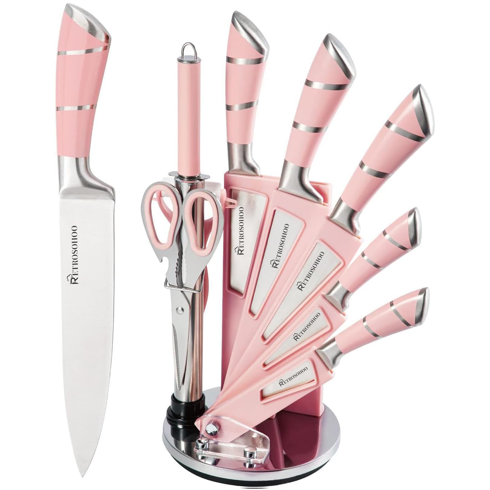 Kitchen Stainless Steel Knife Set, 9-Pieces Sharp Non-Stick Coated Chef Knives Block Set