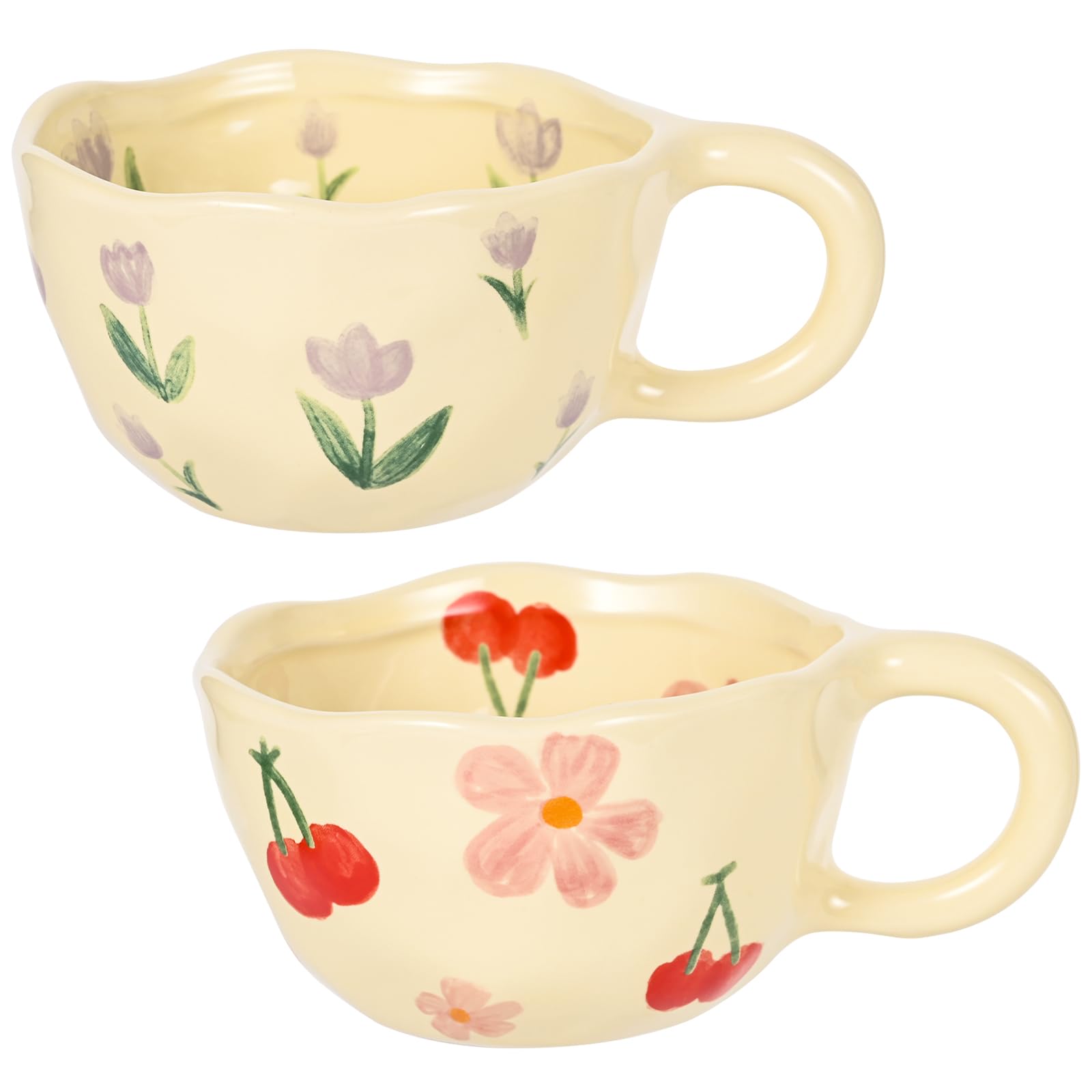 Set of 4 Vintage Floral Ceramic Coffee Mugs â€?8 oz Irregular Latte Art Cups