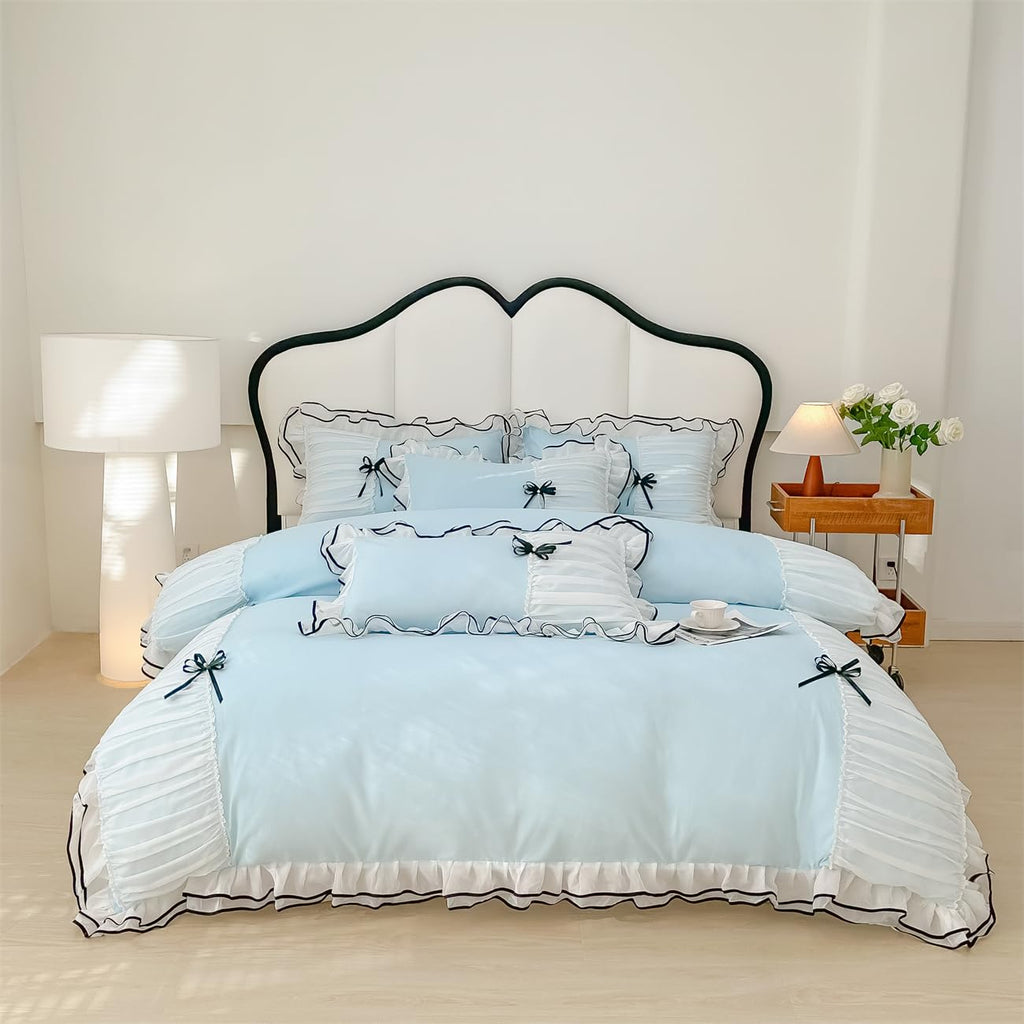 Duvet Cover Ruffle Beddding Set with Bowtie - 3 Pieces Comforter Cover Set with Zipper Closure & Pillowcase - Comforter Not Included