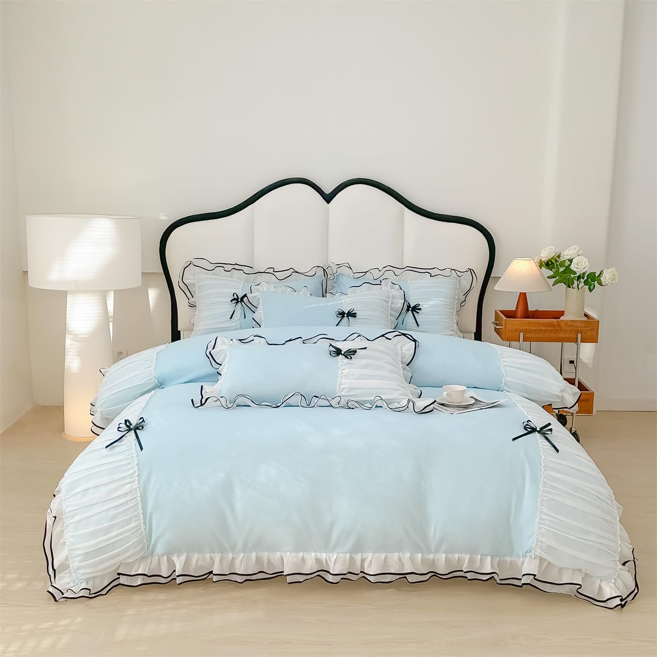 Duvet Cover Ruffle Beddding Set with Bowtie - 3 Pieces Comforter Cover Set with Zipper Closure & Pillowcase - Comforter Not Included