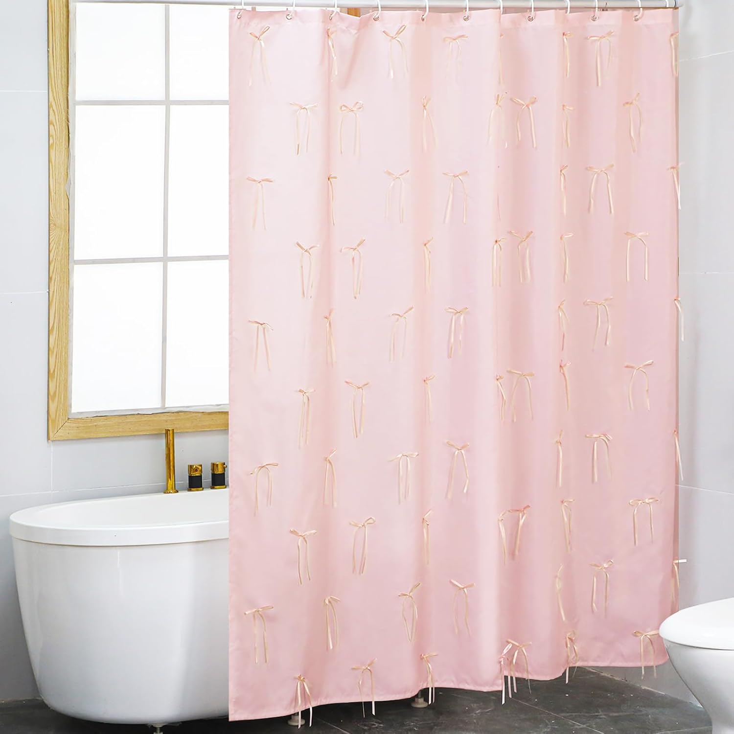 Coquette Pink Bow Shower Curtain Shower Curtain with 12 Buttonholes Bathroom Modern Aesthetic Cloth Shower Curtain Set, 72" W x 72" H